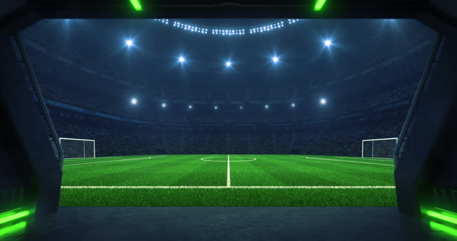 Entrance to a sports stadium full of cheering fans with a football or soccer pitch before a league match. Professional sports 4k video for advertisement background.