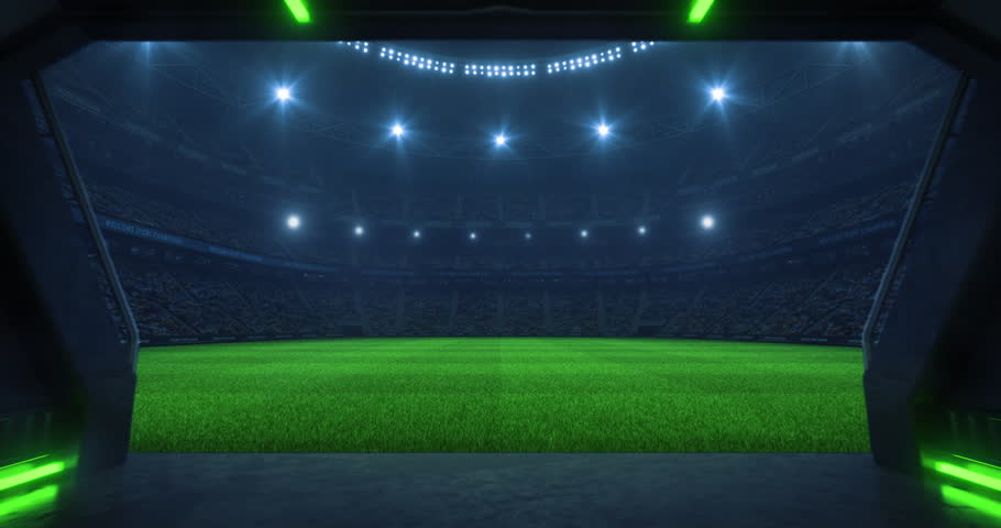 Entrance to a sports stadium full of cheering fans with an empty grass field before a league or tournament match. Professional sports 4k video for advertisement background.
