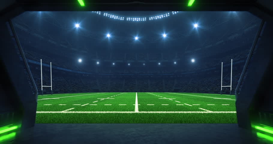 Entrance to a sports stadium full of cheering fans with a rugby pitch before a league match. Professional sports 4k video for advertisement background.