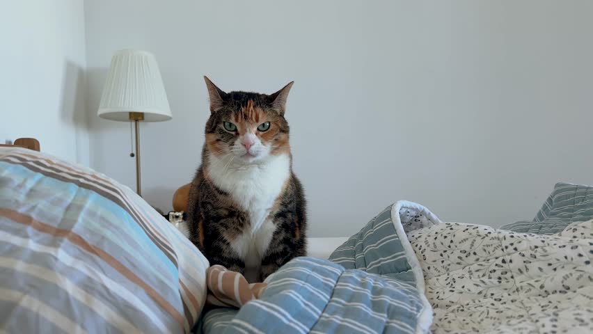 Serious looking cat waiting patiently in morning for owner to wake up on bed, slow blinking with anticipation. Feline expecting food attention, human animal bond, attention demand of sleepy owner