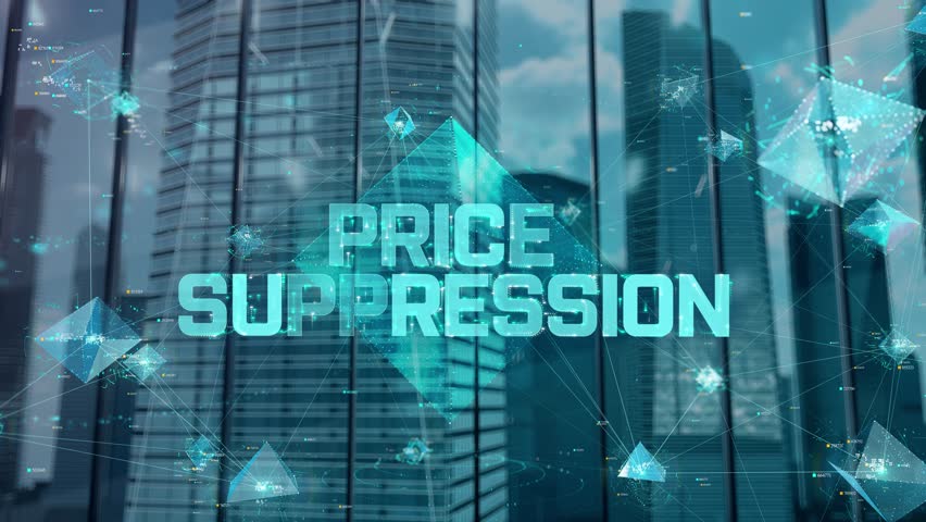 Price Suppression. Businessman Working in Office among Skyscrapers. Hologram Concept