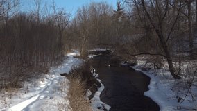 A peaceful winter scene featuring a flowing stream amidst bare trees and snowy surroundings in a forest. A trail follows the creek, evoking serenity and cold-season beauty. - Powered by Shutterstock - Get 15% off with code: PIKWIZARD15