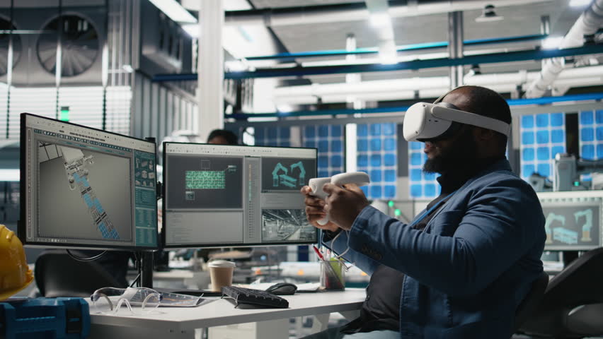 Black photovoltaics factory expert uses VR glasses to assembly digital solar cells, working with robotic arms for solar panels placement. Engineer uses machinery with virtual reality. Camera B.