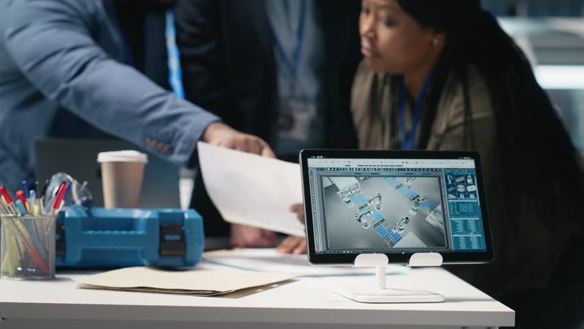 African american manufacturing experts gather for a discussion in a solar power plant, planning the production line development in renewable energy and industrial operations. Camera A.