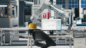 Modern industrial facility with robotic arms assembling solar cells, PC screens tracking real time industrial performance data. Safety glasses and tools across clean eco friendly workspace. - Powered by Shutterstock - Get 15% off with code: PIKWIZARD15