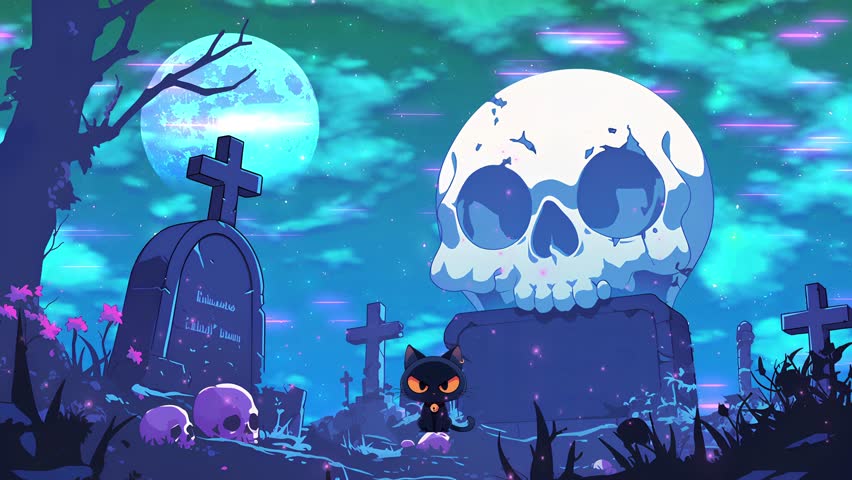 Animated Halloween Cemetery Scene With Giant Skull Monument, Floating Ghost, Black Cat And Glowing Tombstones In Moonlit Graveyard Loop