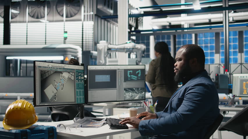 Industrial operations expert checking performance data in a solar panel factory, showcasing dedication to workplace efficiency and working on green energy manufacturing and engineering. Camera B. - Powered by Shutterstock - Get 15% off with code: PIKWIZARD15