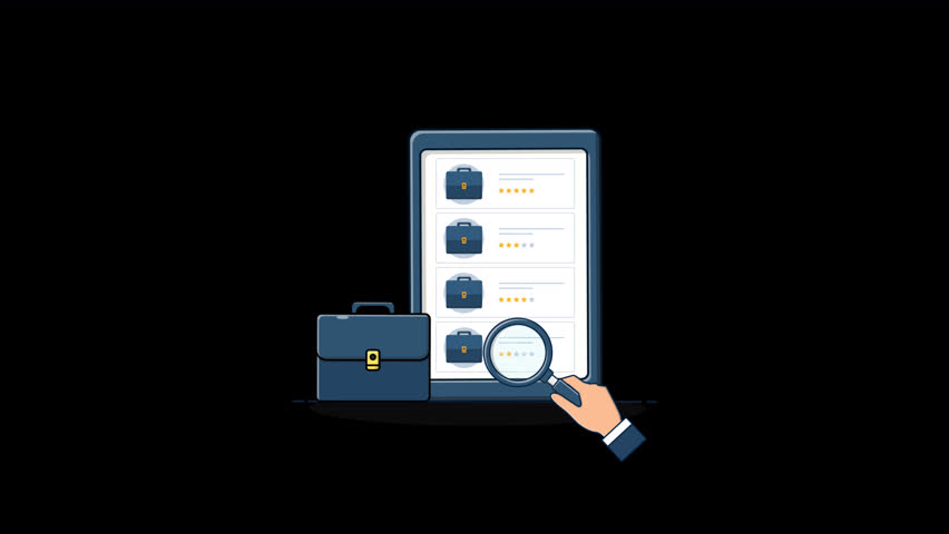 Animated Tablet with Office Bag and Magnifying Glass. Searching for Quality Job Concept Video - Transparent