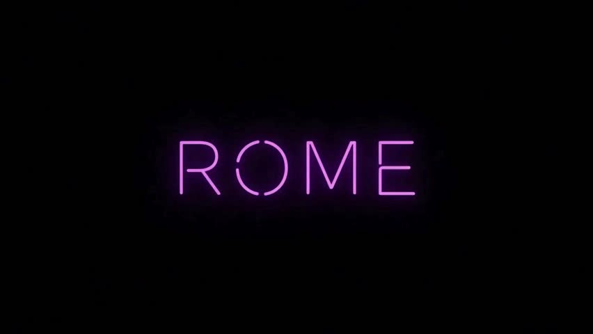 “ROME” neon text drawn by glowing light in deep purple. Elegant write-on animation with classic sans-serif font on black background. Minimalist, cinematic, seamless 4K loop.
