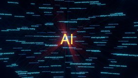 Full-screen 3D grid loop visualizing AI applications in healthcare, education, logistics, and more. Immersive glowing keyword network forms a futuristic tech background for motion graphics. 3D render - Powered by Shutterstock - Get 15% off with code: PIKWIZARD15