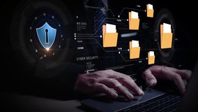 Futuristic cybersecurity interface with hands on keyboard, digital file folders, and big data visualization symbolizing data protection and secure cloud storage systems. - Powered by Shutterstock - Get 15% off with code: PIKWIZARD15