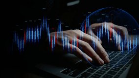 Close-up of hands on laptop keyboard with glowing financial charts and data, representing stock trading, investment analysis, and real-time market trends. - Powered by Shutterstock - Get 15% off with code: PIKWIZARD15