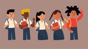 Group of kids in uniform holding books and school bags with cheerful faces - Powered by Shutterstock - Get 15% off with code: PIKWIZARD15