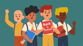 Four boys holding books and waving with excitement to return to school - Powered by Shutterstock - Get 15% off with code: PIKWIZARD15