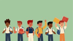 Animated boys group standing together smiling and holding backpacks and books - Powered by Shutterstock - Get 15% off with code: PIKWIZARD15