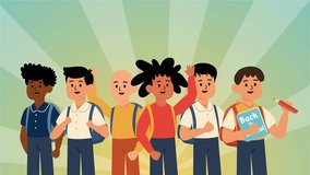 Boys and girls posing with books under bright burst backdrop - Powered by Shutterstock - Get 15% off with code: PIKWIZARD15