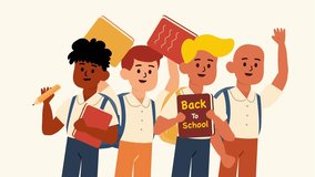 Four animated boys smiling while holding notebooks pencils and back to school board - Powered by Shutterstock - Get 15% off with code: PIKWIZARD15