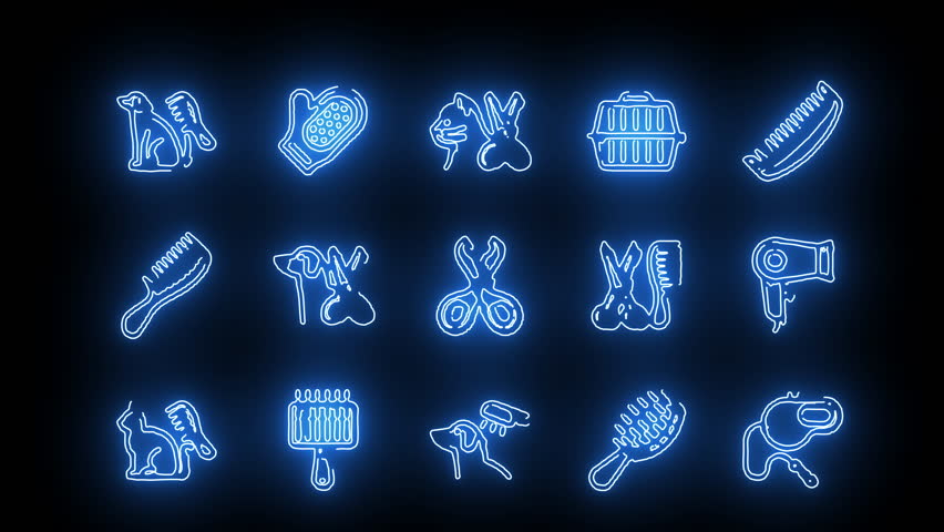 Blue neon icons showcasing food and drink items like burger, ice cream, soda, coffee, and utensils.	