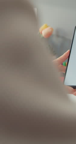 Vertical Screen : Young asia lady use cellphone order online shopping product and paying bills with banking app with transaction successful. Stay at house, Quarantine Fun activity for prevention.