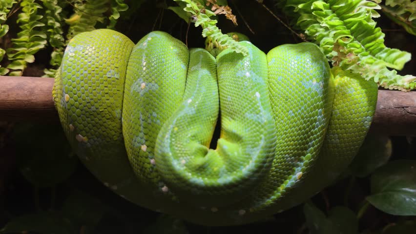 A bright green tree python (Morelia viridis) rests coiled on a branch, its vibrant scales and intricate patterns visible against a dark, leafy jungle background in its natural habitat.