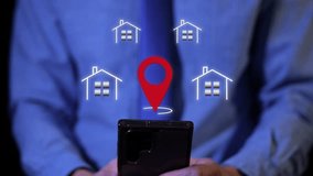 Businessman browse property listings on phone with animated GPS pin and house icons showing real estate search concept - Powered by Shutterstock - Get 15% off with code: PIKWIZARD15
