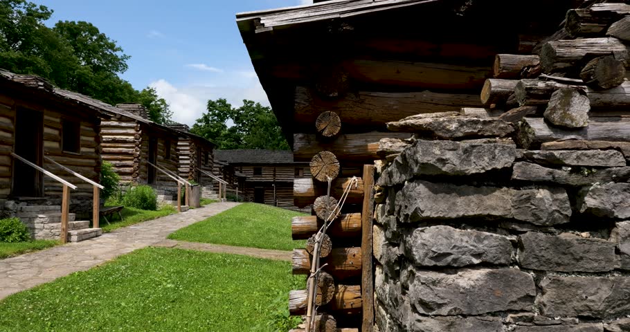 Cabins and grounds at Fort Harrod State Park in Harrodsburg, Kentucky which is a recreation of the original fort built in the 1770s.