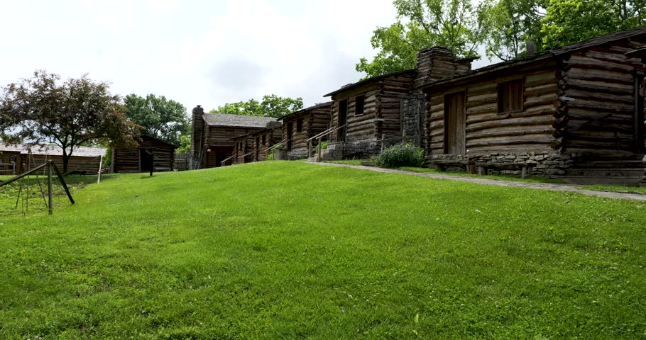 Cabins and grounds at Fort Harrod State Park in Harrodsburg, Kentucky which is a recreation of the original fort built in the 1770s.
