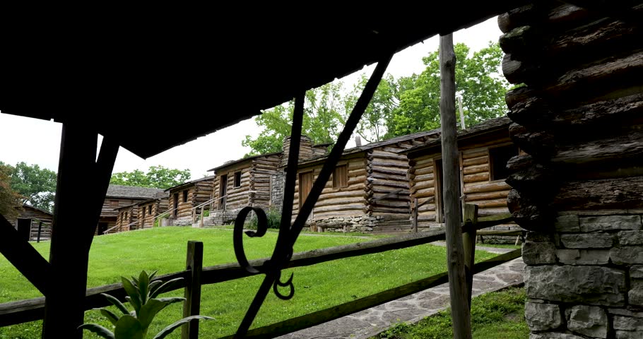 American Frontier cabins at Fort Harrod in Harrodsburg, Kentucky viewed from the blacksmith