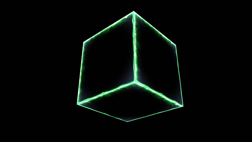 Cube Pinnatifid glow energy green border and lot moving on the green screen. Futuristic Neon Green Geometric Shape with Glowing Edges Design