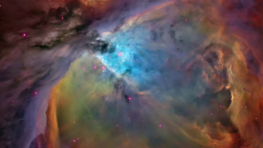 Vibrant Cosmic Nebula with Colorful Gases and Starry Background.R to L jouney on the space and Particle star dimension Orion Nebula background