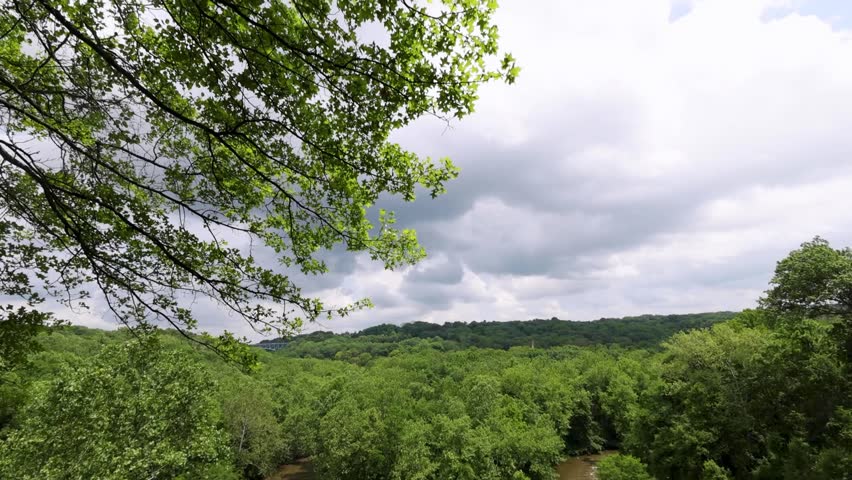 Scenic views of the Cuyahoga River oxbow from Cascade Valley Metropark Overlook in Summit County, Ohio. A restored natural landscape near Akron and Cuyahoga Falls.