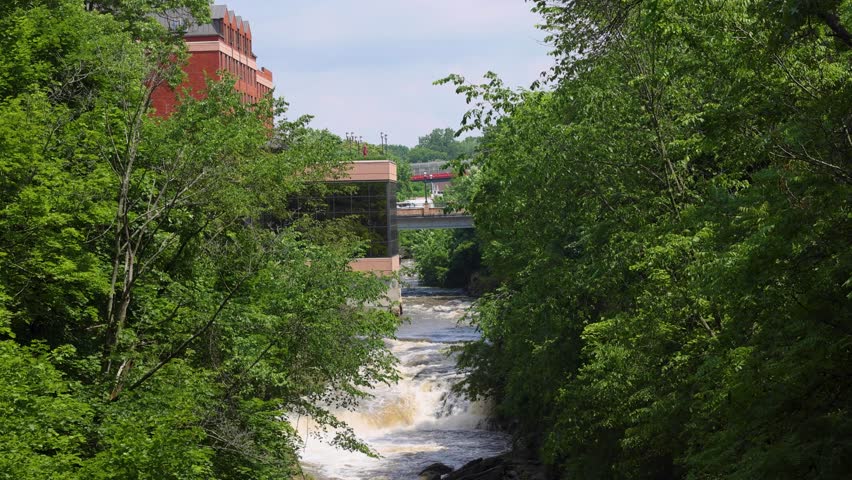 Whitewater rapids rush through the rocky gorge of the Cuyahoga River at High Bridge Glens in Summit County, Ohio — a restored natural escape near Akron and Cuyahoga Falls.
