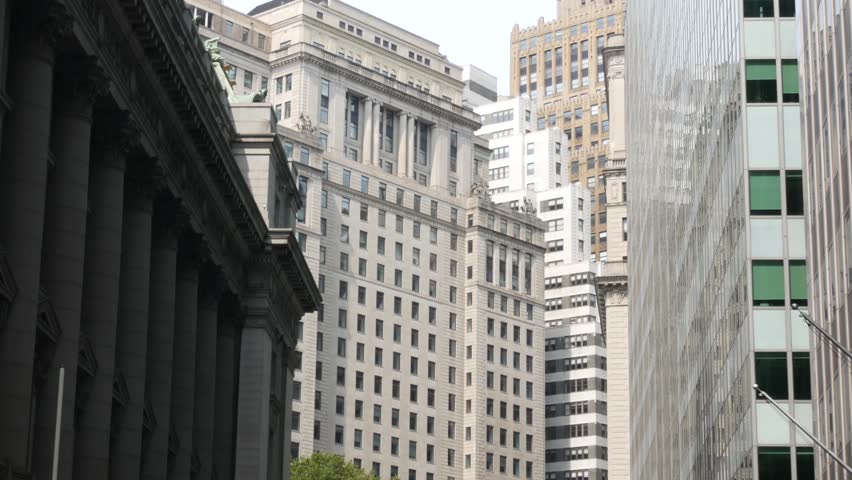 New York City Lower Manhattan, Downtown Financial District street architecture, United States. High-rise skyscrapers, residential and office buildings, american real estate or USA realty. Broadway.