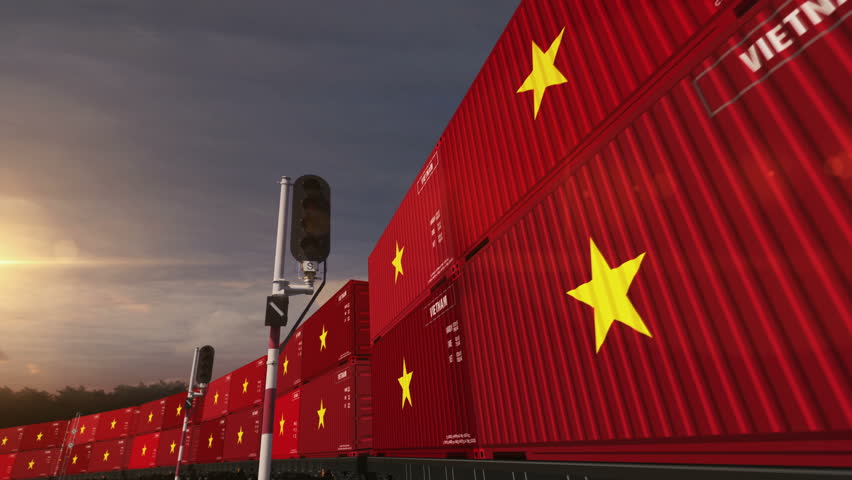 Vietnam export production and import containers on a railway freight wagons loop. Business concept of train transport and shipping with a Vietnamese flag. 3D loopable and seamless.