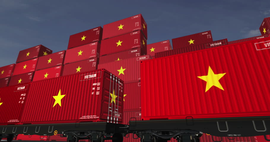 Vietnam export production and import containers on a freight wagons loop. Business concept of railway train transport and shipping with a Vietnamese flag. 3D loopable and seamless animation.