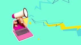 Digital shout. Woman in pink top yells new post through megaphone bursting from laptop with bright shapes and zigzag lines. Voice of feed. Short product video. Concept of online notifications - Powered by Shutterstock - Get 15% off with code: PIKWIZARD15