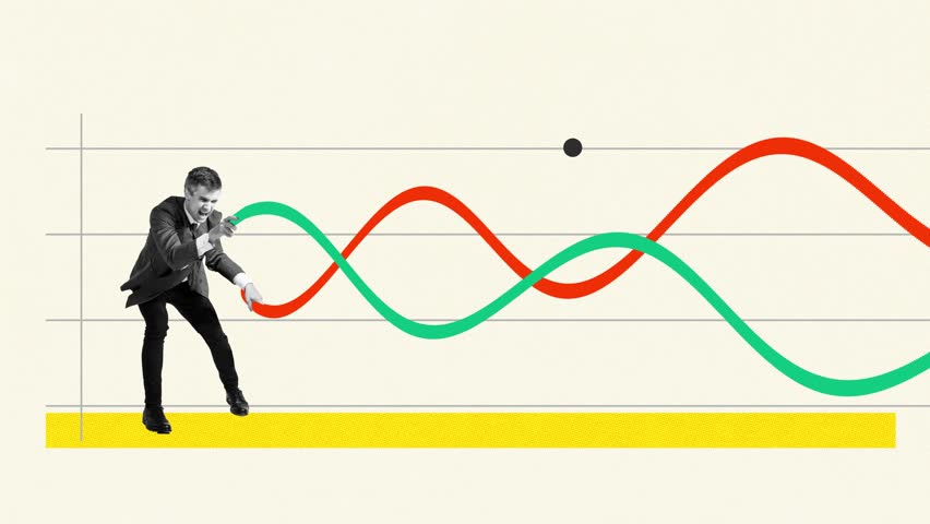Businessman navigating multicolored line chart, symbolizing analytics and strategy building, tracking innovation, planning. Animated ad. Concept of business, achievement, progress