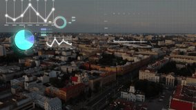 Futuristic aerial view of a city with digital graphs, charts, and data interfaces overlaying the skyline, symbolizing big data, analytics, smart city technology, and urban digital transformation.  - Powered by Shutterstock - Get 15% off with code: PIKWIZARD15
