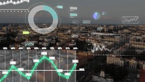 Futuristic aerial view of a city with digital graphs, charts, and data interfaces overlaying the skyline, symbolizing big data, analytics, smart city technology, and urban digital transformation.  - Powered by Shutterstock - Get 15% off with code: PIKWIZARD15