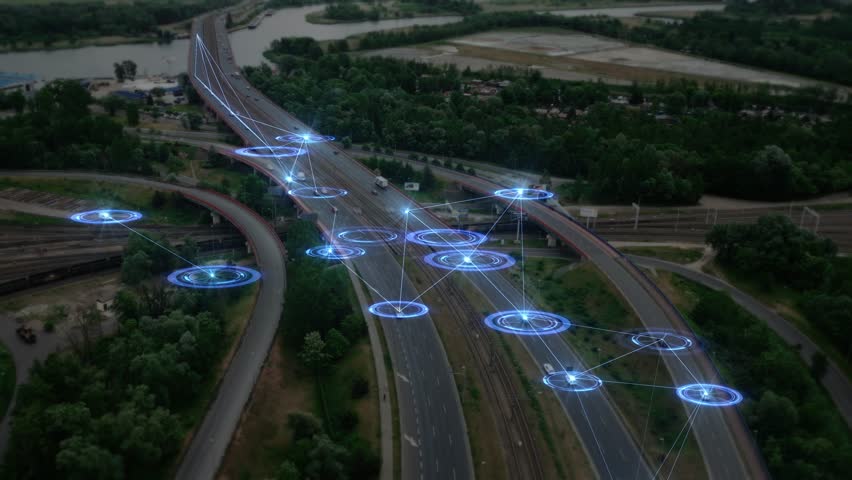 Futuristic aerial view of a highway network with glowing digital nodes connecting autonomous vehicles, real-time communication, vehicle-to-vehicle interaction, intelligent self-driving systems, 4k.