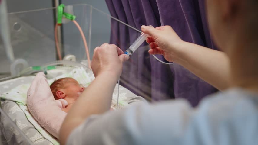 A premature baby in a neonatal intensive care unit receives nourishment from a syringe, donor breast milk. Showcasing the resource in a medical setting.