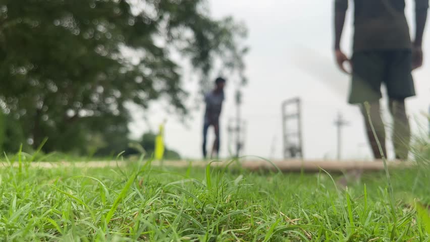 Playing cricket in indian village with blur background.