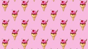 Looping animated pixel art pattern of swaying ice cream cones with cherries and wafers. Playful dessert motion design for digital summer themes and creative backgrounds. - Powered by Shutterstock - Get 15% off with code: PIKWIZARD15