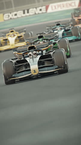 Generic race cars racing along the homestretch over the finish line. Dynamic front view camera. Multiple race cars. 3d animation rendering. Generic new 2025 black and gold car design