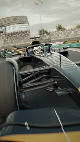 Dynamic low angle front view shot of a generic race car racing along the homestretch over the finish line. 3D animation rendering. New 2025 black and gold race car design