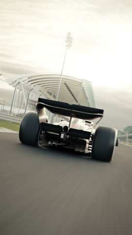 Dynamic high speed drone shot passing generic race cars racing along the homestretch over the finish line. 3d animation rendering. New 2025 black and gold race car design