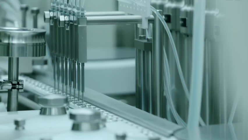Medical Drug Glass Ampoule Vaccine Vials Mass on Production Line In Modern Laboratory Pharmaceutical Factory. Machine Puts Bottle Caps On Ampoules Moving On Pharmaceutical Conveyor Belt.