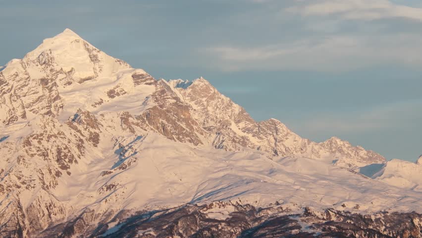 Wide view of Tetnuldi peak and ski resort slopes covered with snow in Caucasus mountains, Svaneti Georgia
