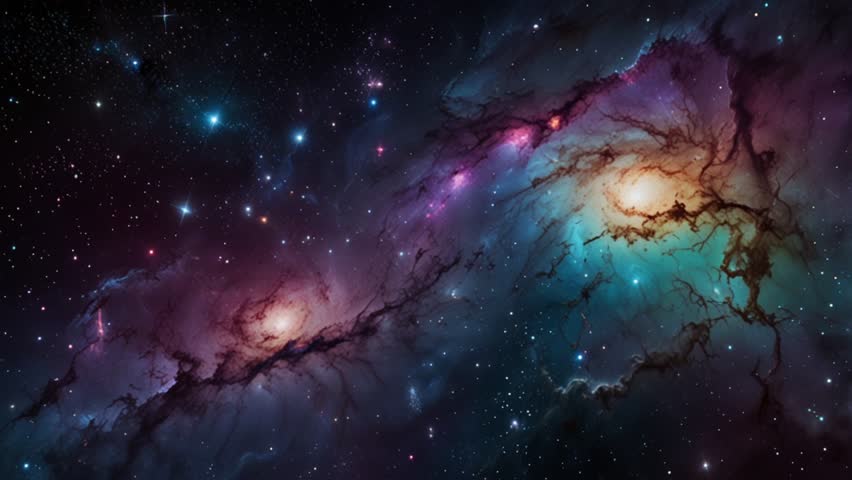 This visually rich artwork presents an abstract yet detailed view of a fantastical galaxy, where vibrant hues of interstellar matter merge and collide around a central radiant source.4k