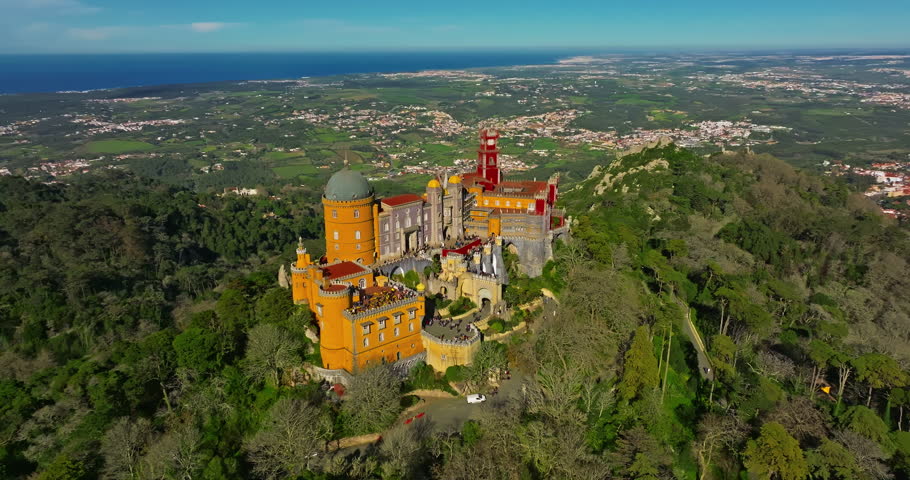 Aerial view of famous historic National Palace of Pena in Sintra, Lisbon, Portugal
